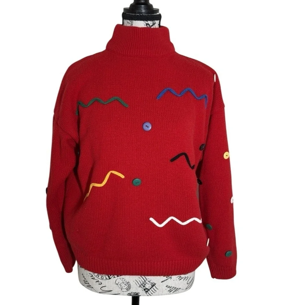 Vintage Diana Marco Red Sweater Women Sz M (40/20W) Abstract 80s 90s Retro Knit